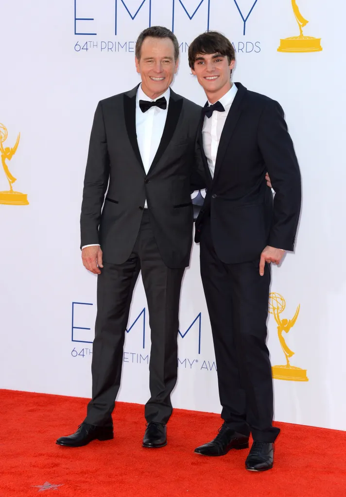 Actors Bryan Cranston and RJ Mitte on the red carpet at the Primetime Emmy Awards.