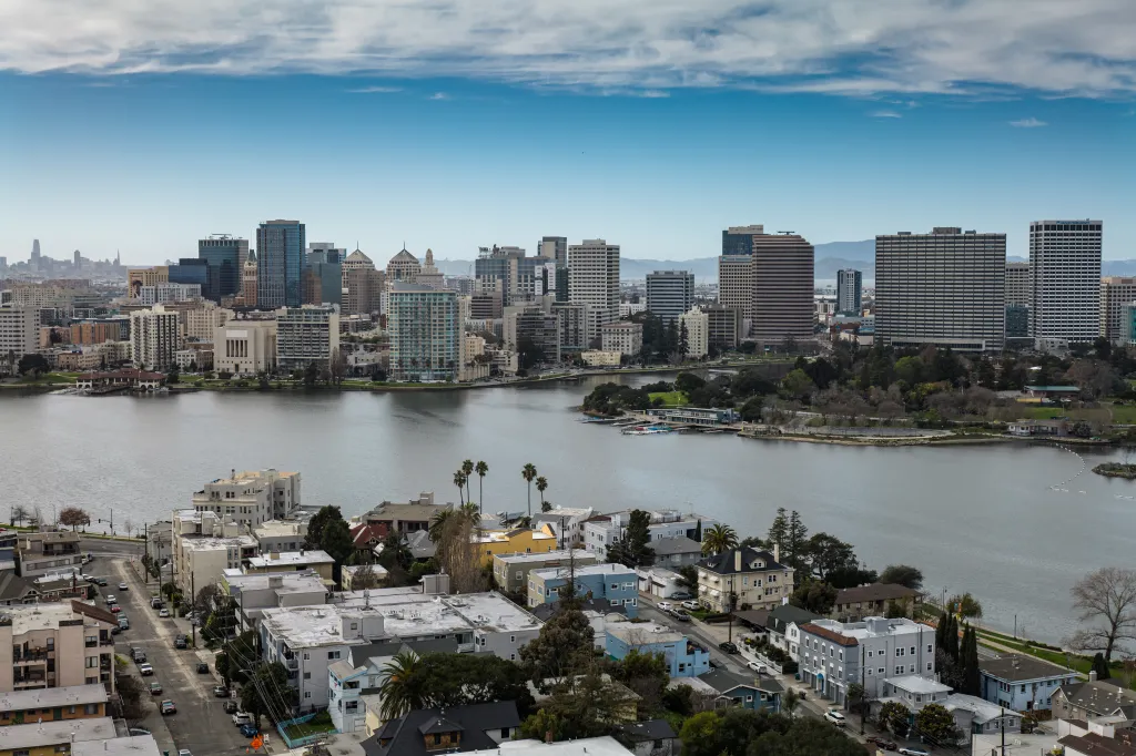 Aerial view of downtown Oakland from over Lake Merritt.