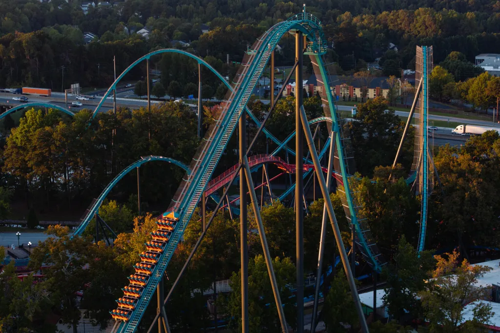 Aerial view of the Goliath roller coaster train stopped on the track for evacuation at Six Flags Over Georgia.