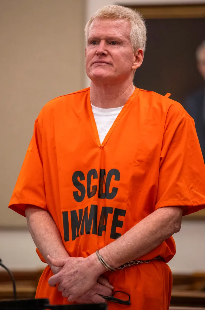Alex Murdaugh in an orange inmate jumpsuit and handcuffs at the Beaufort County Courthouse.