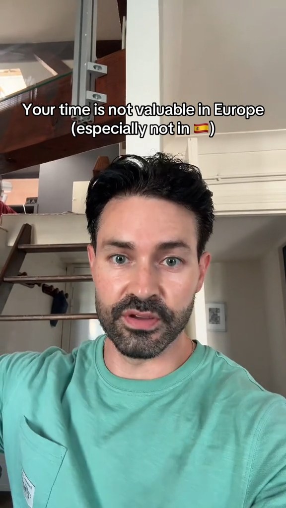 A man with dark hair and a beard wearing a green t-shirt speaks to the camera about European customer service.