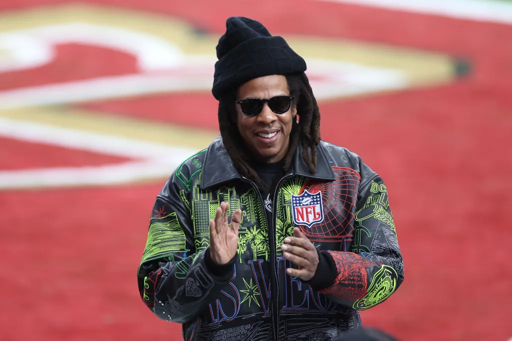 American rapper Jay-Z reacts before Super Bowl LVIII.
