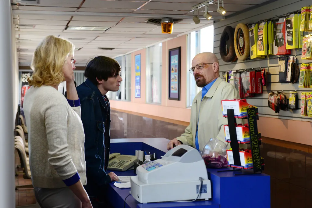 Anna Gunn, RJ Mitte, and Bryan Cranston in a scene from Breaking Bad.