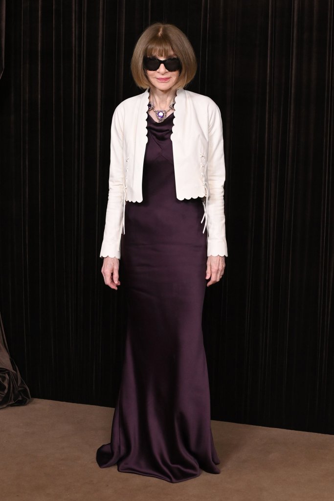 Anna Wintour poses in a dark purple gown and white jacket at the Albie Awards.