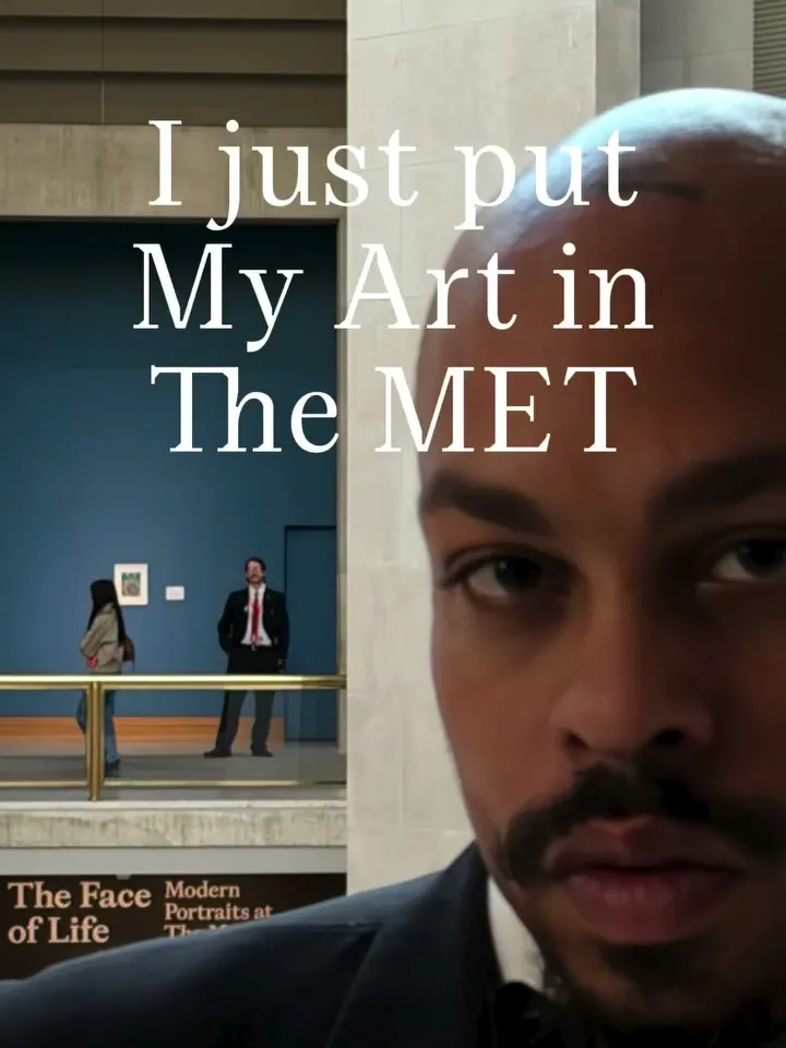 Artist David Sabastian in a gallery at the Met with text reading