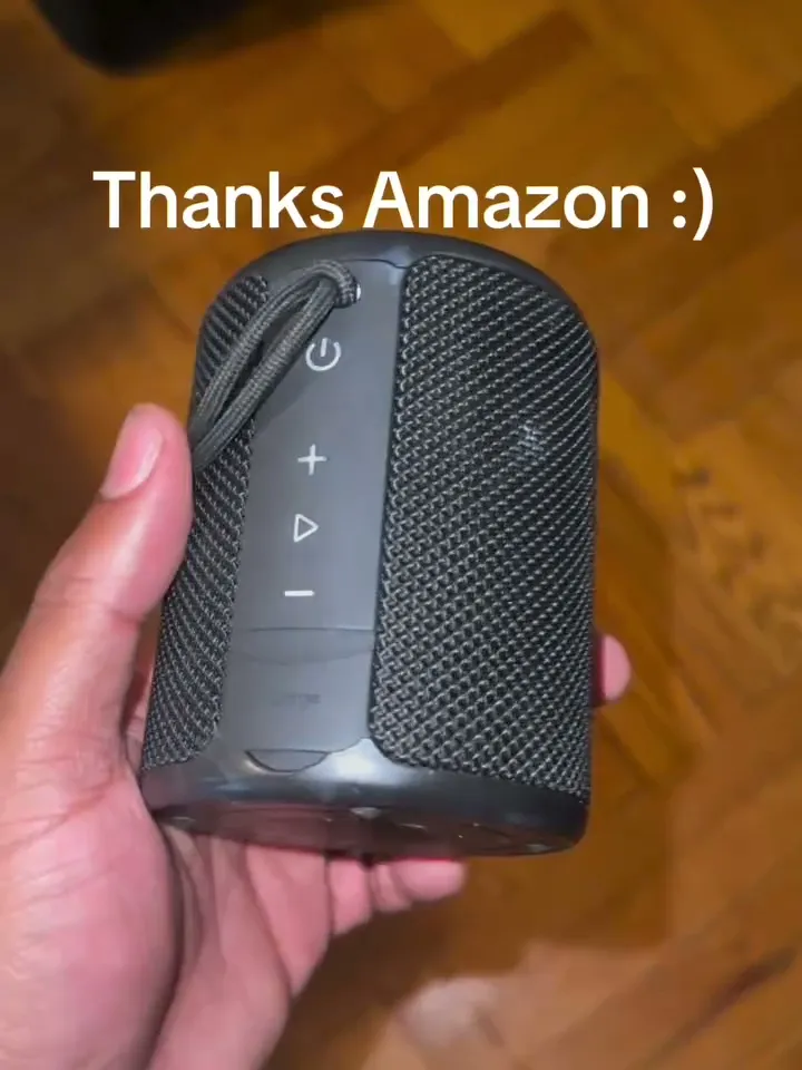 A hand holding a black portable speaker used to distract security.