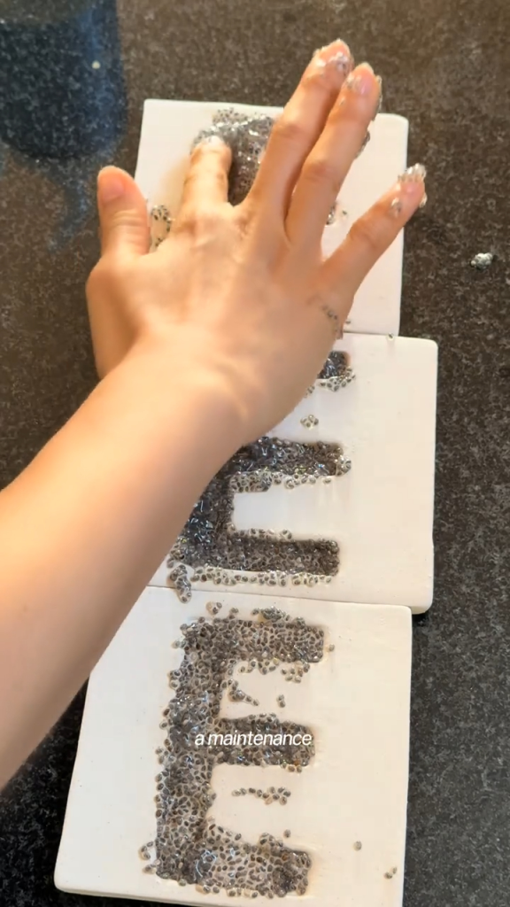 A hand applying small black seeds to form the letter 