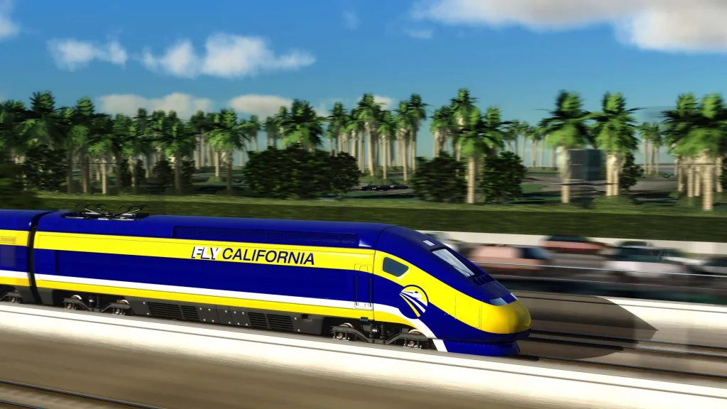 Illustration of a blue and yellow high-speed train passing through Mission Beach, California.