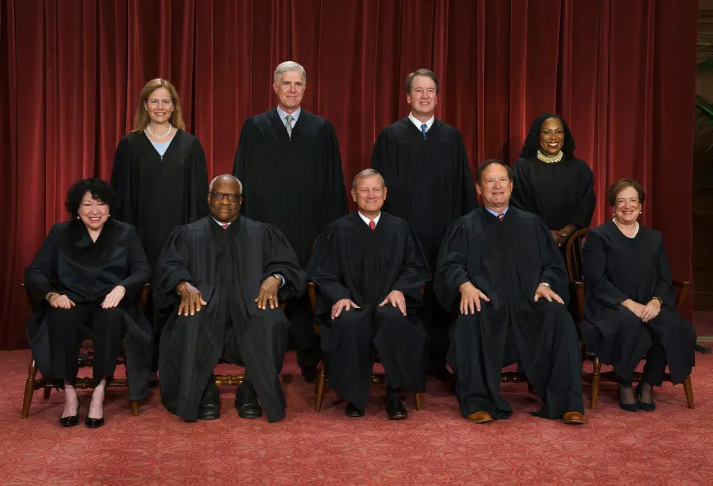 Members of the Supreme Court pose for a group photo in front of red curtains.