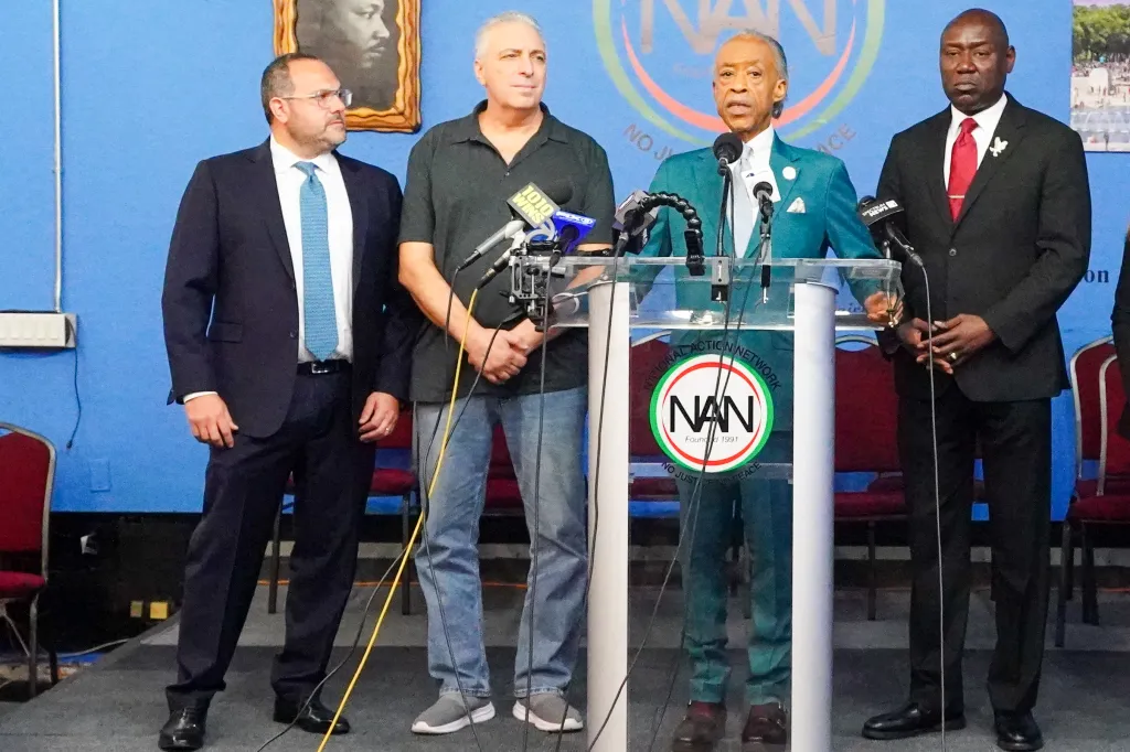 Attorney Jared Scotto, Legionnaires' disease outbreak victim Nunzio Quinto, Al Sharpton, and attorney Ben Crump at a press conference announcing a lawsuit.