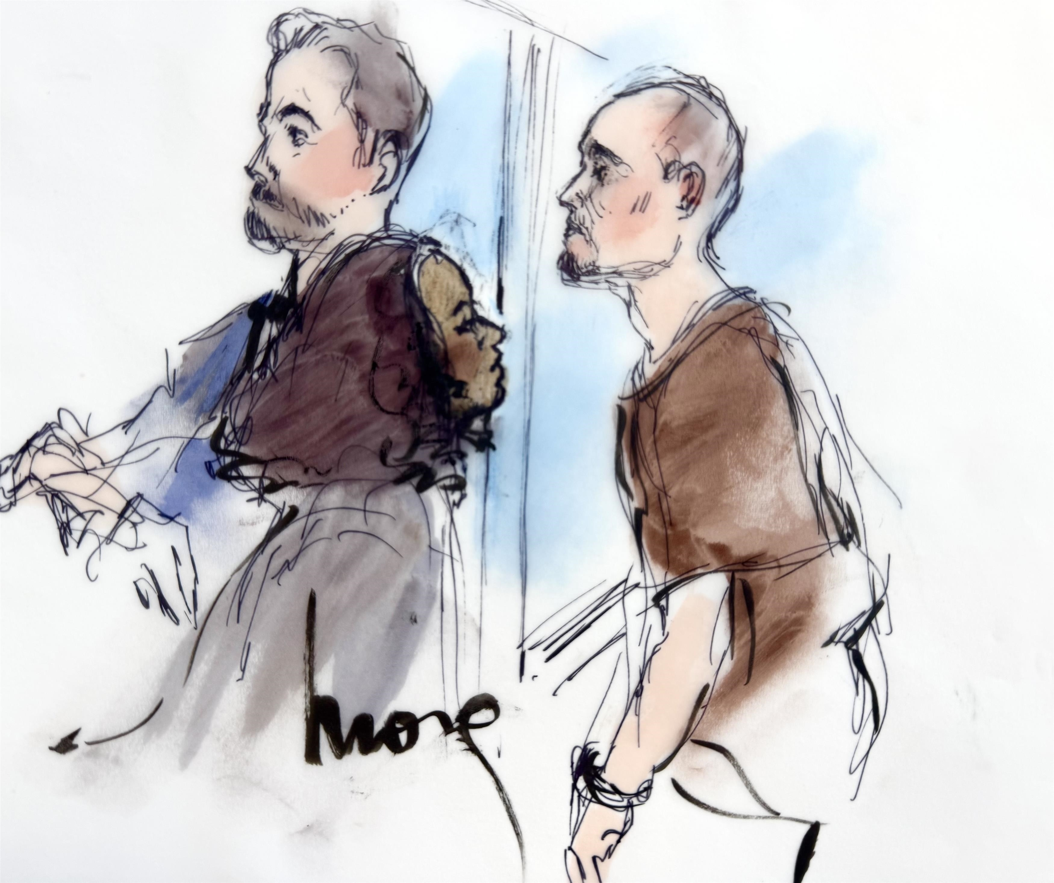Courtroom sketch of Nick Reiner in a Los Angeles court.