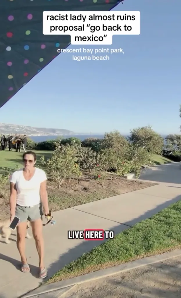 A woman in a park with a mariachi band in the background, with text overlay reading 