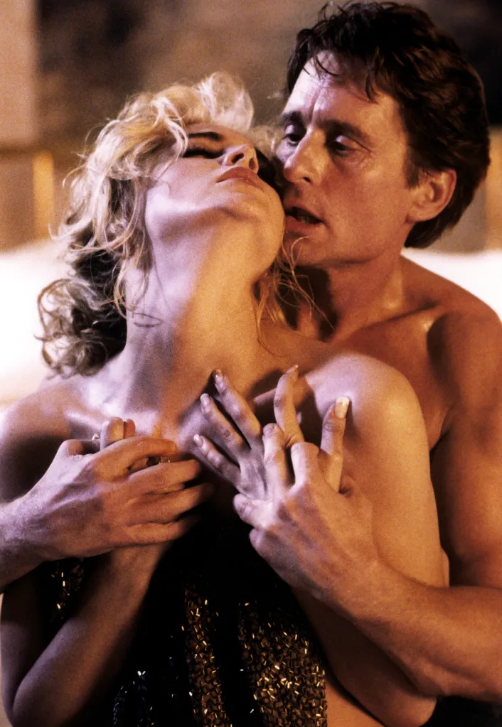 Sharon Stone and Michael Douglas embracing in a scene from Basic Instinct.