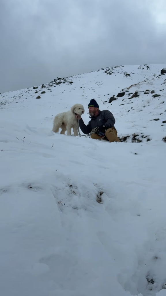 A man kneels in the snow, petting a fluffy white dog on a snow-covered mountain slope.