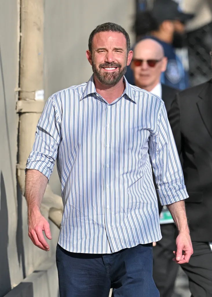 Ben Affleck wearing a blue and white striped shirt at Jimmy Kimmel Live!