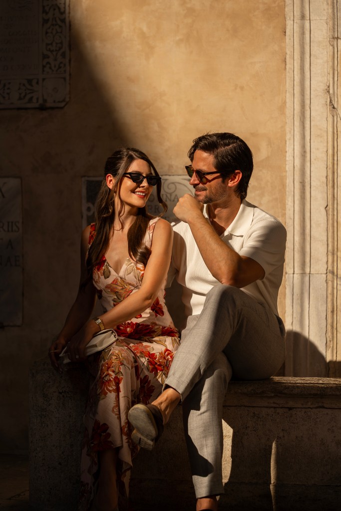 Ben Meer and Jade Bonacolta pose outdoors, bathed in warm sunlight.