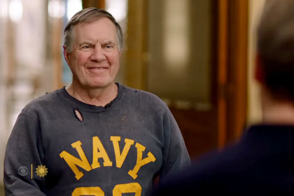 Bill Belichick in a worn Navy sweatshirt during an interview.