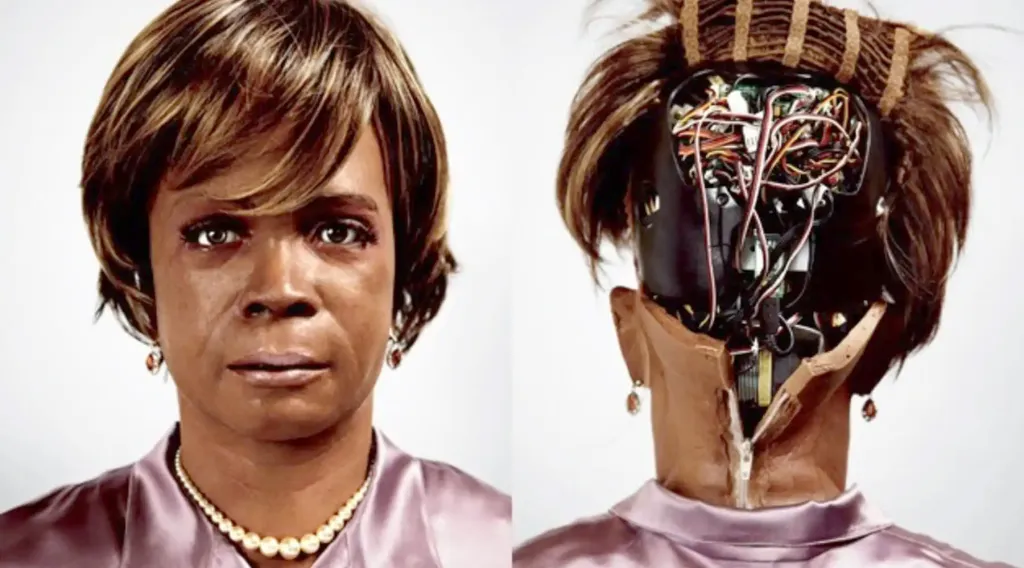 Collage of Bina48, a humanoid robot, showing its human-like face and the mechanical wiring inside its open skull.