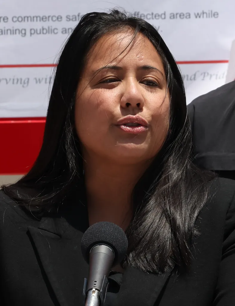 Councilmember Ysabel Jurado speaks at a press conference regarding a warehouse fire in Boyle Heights.