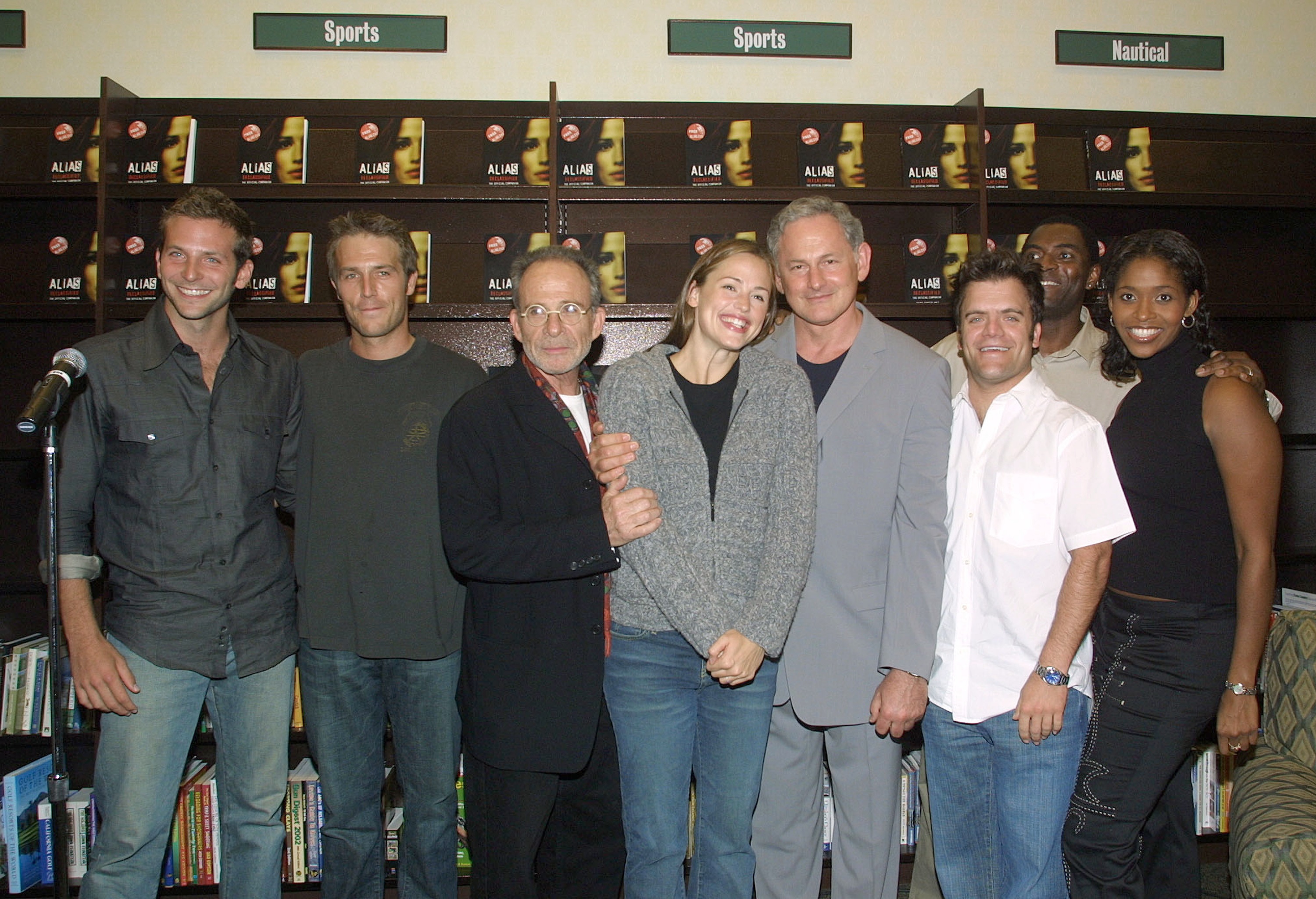 Bradley Cooper, Michael Vartan, Ron Rifkin, Jennifer Garner, Victor Garber, Kevin Weisman, Carl Lumbly, and Merrin Dungey at a book signing for 