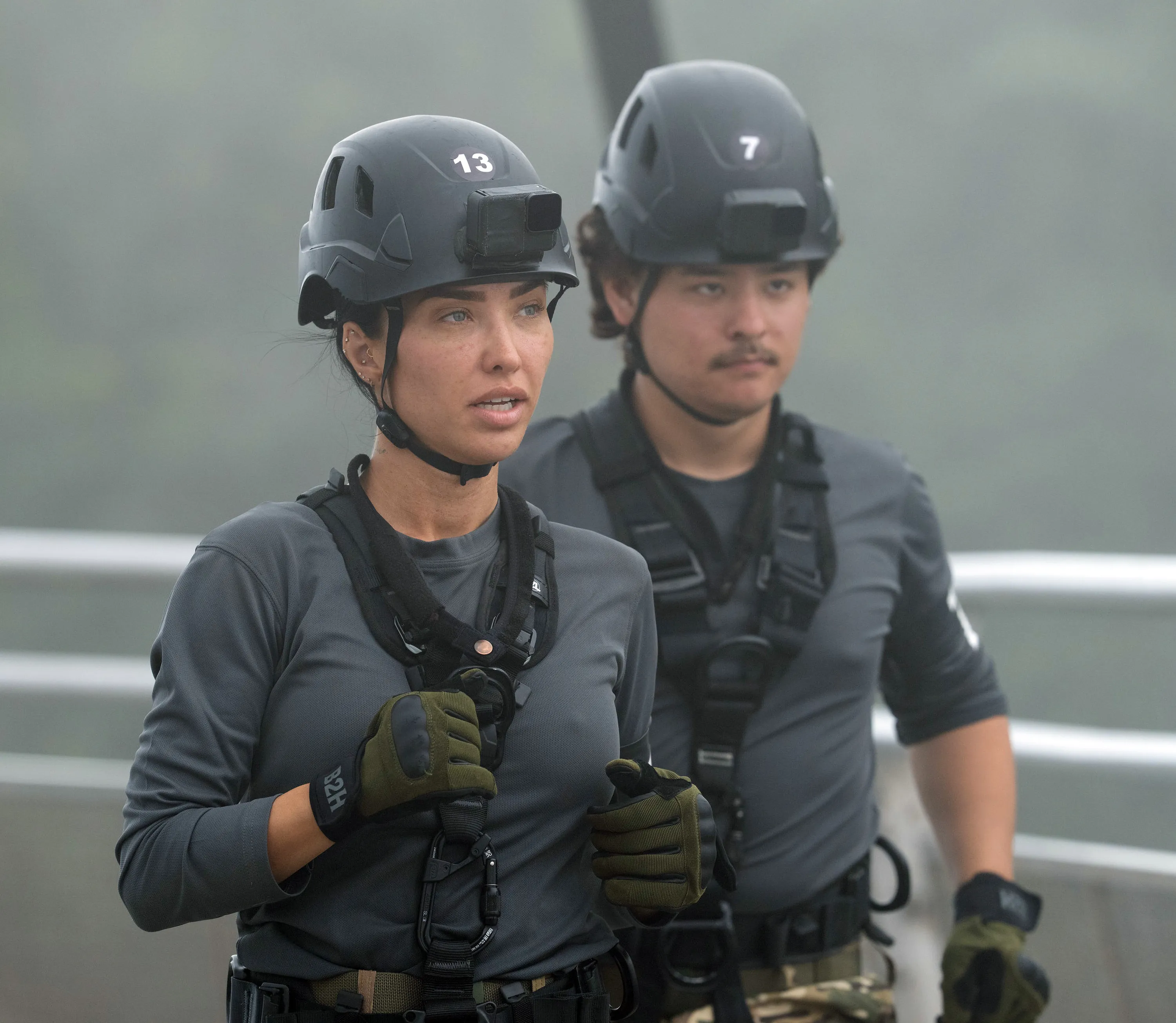 Briana Tiesi and Collin Gosselin wearing helmets and tactical gear in 