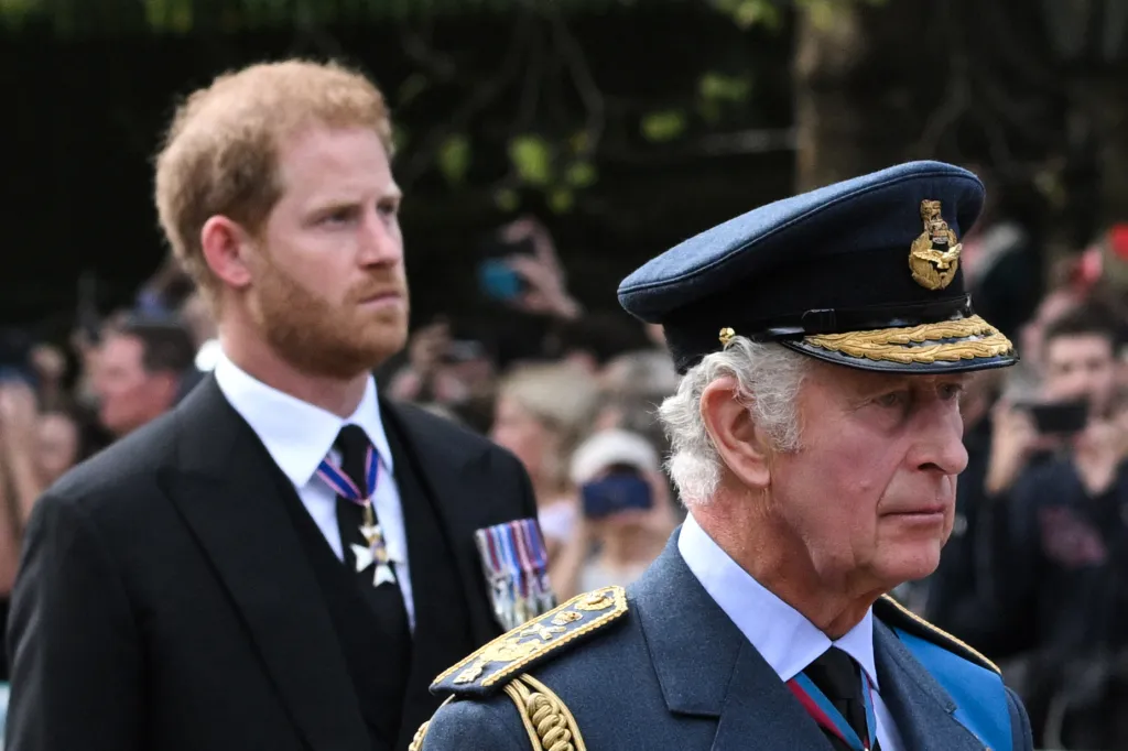 Britain's King Charles III and Britain's Prince Harry walk behind the coffin of Queen Elizabeth II during a procession.