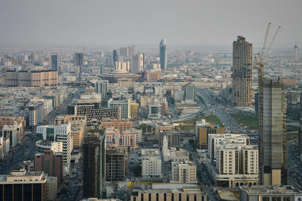 Buildings and construction sites fill the skyline in Riyadh, Saudi Arabia.