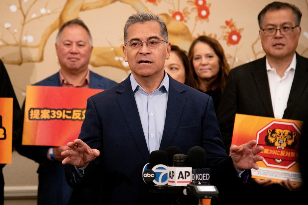 California Democratic gubernatorial candidate Xavier Becerra addresses reporters during an event opposing Proposition 39 in San Francisco.