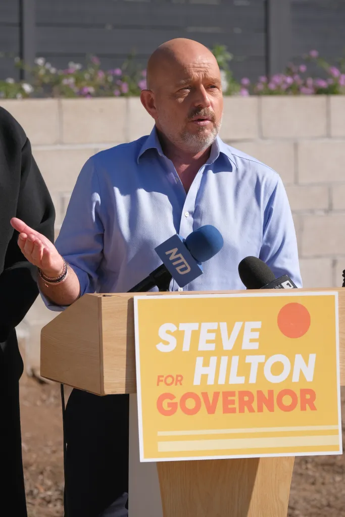 California gubernatorial candidate Steve Hilton speaks at a press conference in Altadena, California.