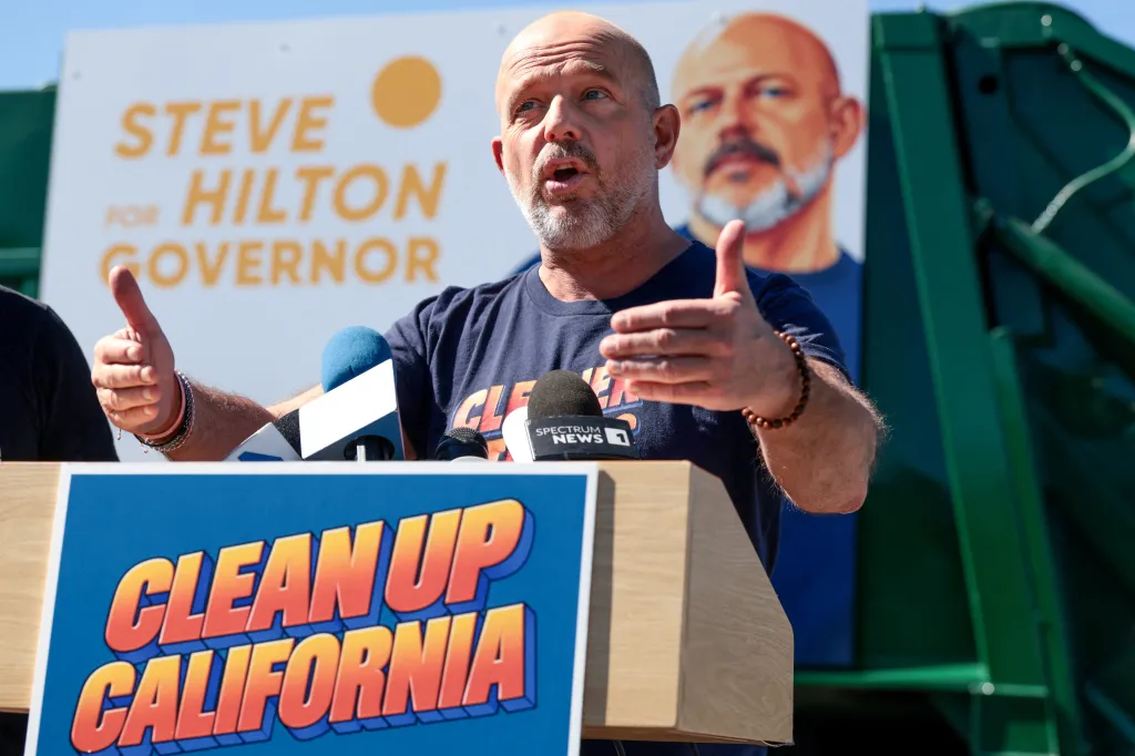 California Republican gubernatorial candidate Steve Hilton speaks at a press conference in Los Angeles.