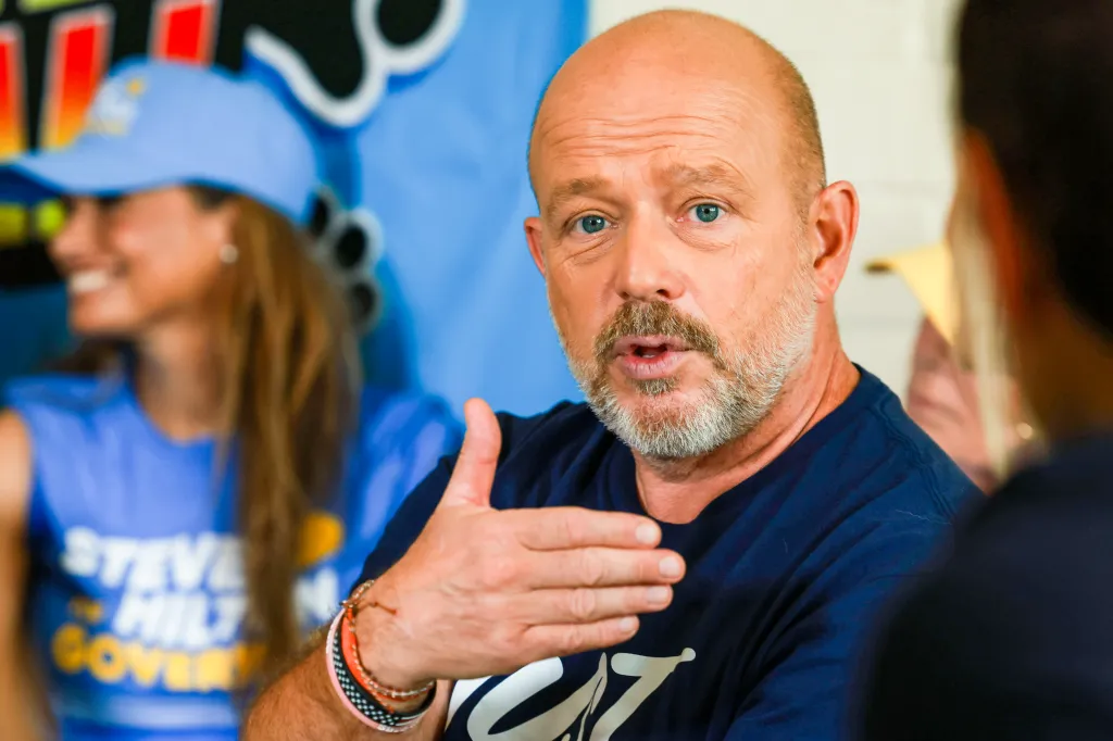 California Republican gubernatorial candidate Steve Hilton speaks to supporters during a campaign event.