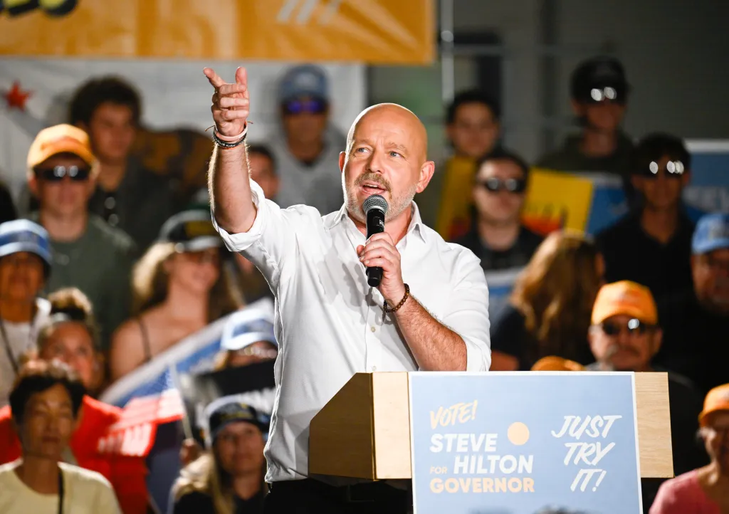 California Republican gubernatorial candidate Steve Hilton speaks during a campaign rally.