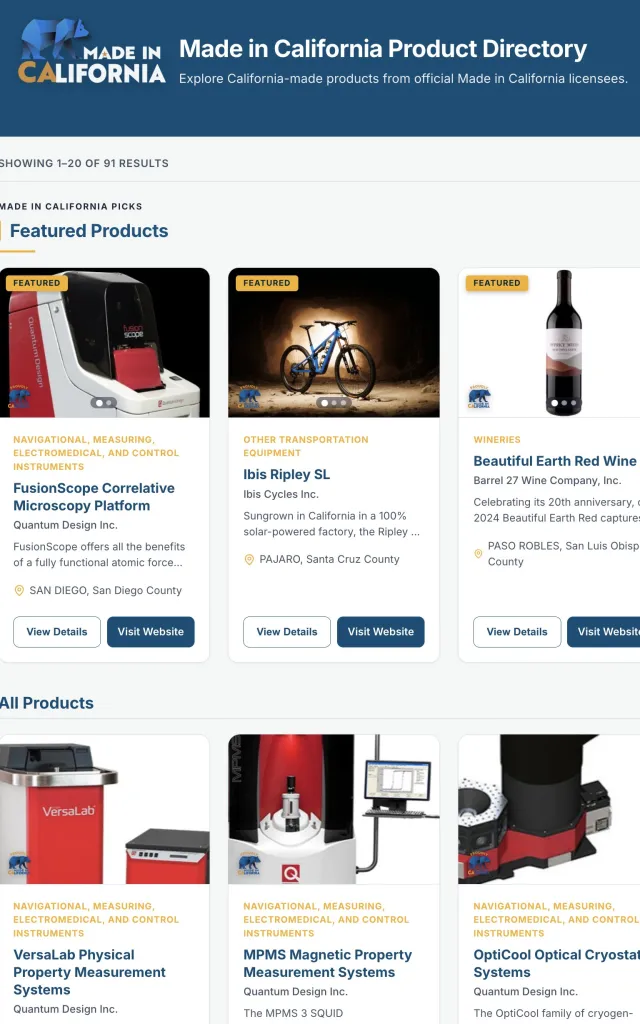 Screenshot of the Made in California Product Directory website, displaying featured products including a microscope, a bicycle, and wine.
