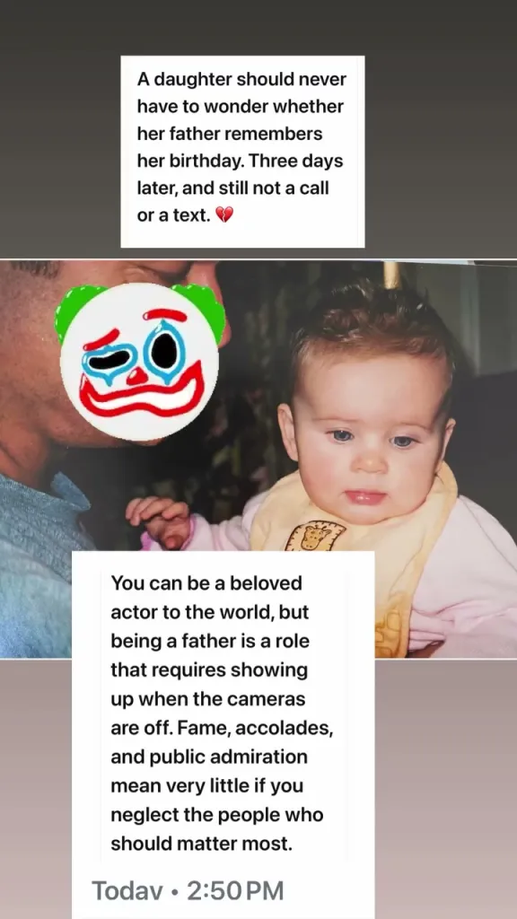 Screenshot of Camille Grammer's Instagram story criticizing her ex-husband Kelsey Grammer for forgetting their daughter's birthday, featuring an old photo of Kelsey with their baby daughter and text criticizing his parenting.