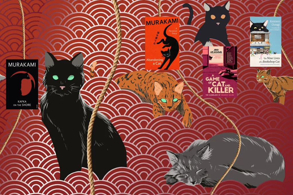 Collage of cat illustrations and book covers set against a red patterned background, with overlapping ropes.