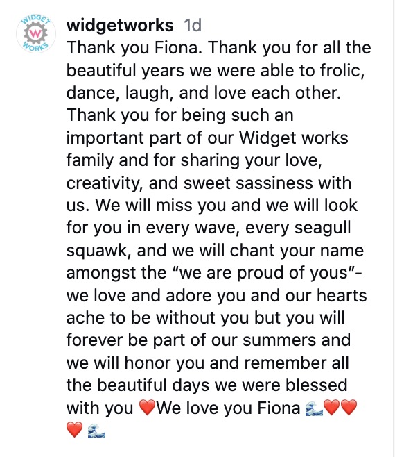 Screenshot of an Instagram post by widgetworks paying tribute to Fiona, expressing grief and love.