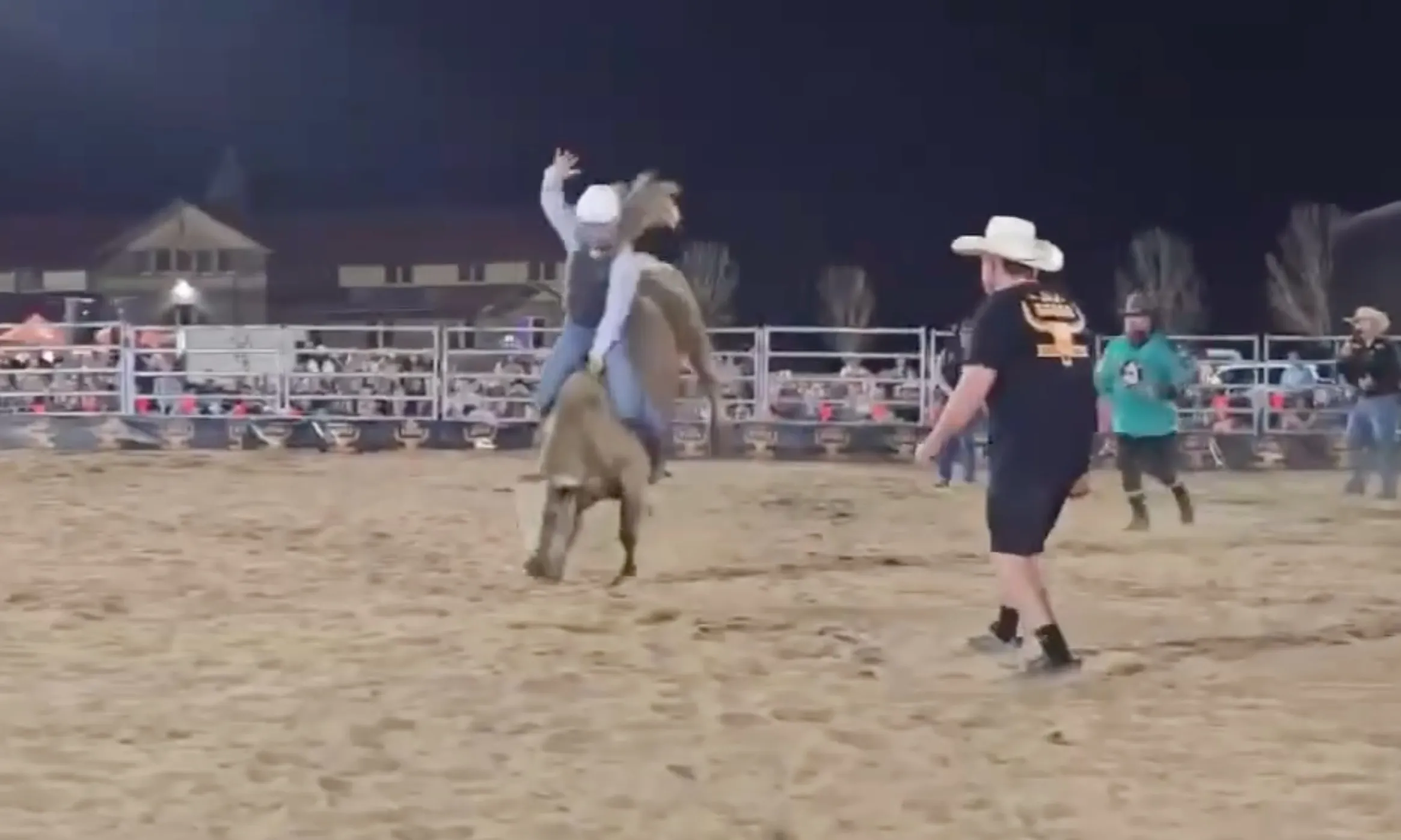 The 14-year-old rode a bucking bull for an impressive nine seconds before being thrown off.