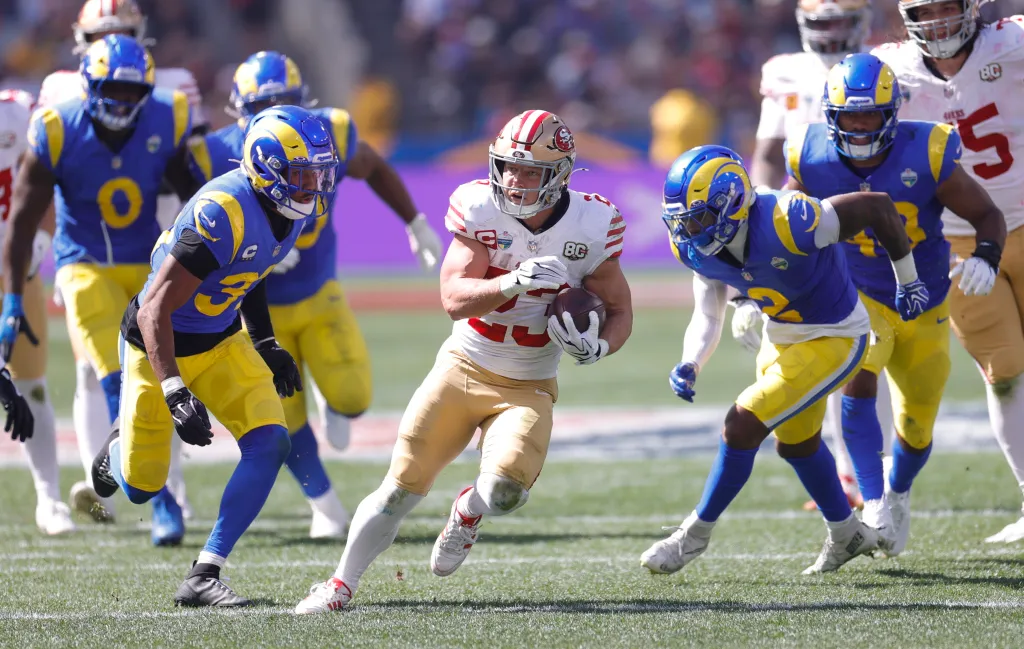 Christian McCaffrey #23 of the San Francisco 49ers rushes during the game against the Los Angeles Rams.