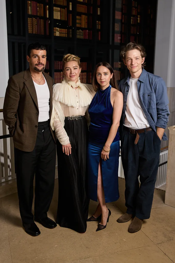 Christopher Abbott, Florence Pugh, Zoe Kazan, and Mike Faist pose together at the photocall for