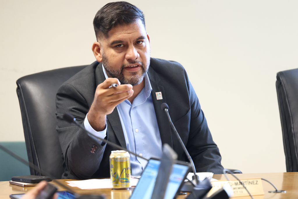 Council member Hugo Soto-Martínez speaks at a committee meeting at City Hall in Los Angeles.