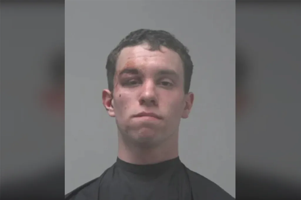 A bloodied Aiden Dombrowski was arrested and charged with battery after he allegedly dressed like a high school runner and attacked an athlete during a race.