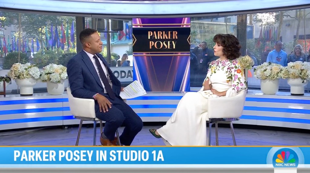 Craig Melvin interviewing Parker Posey in Studio 1A on the TODAY show.
