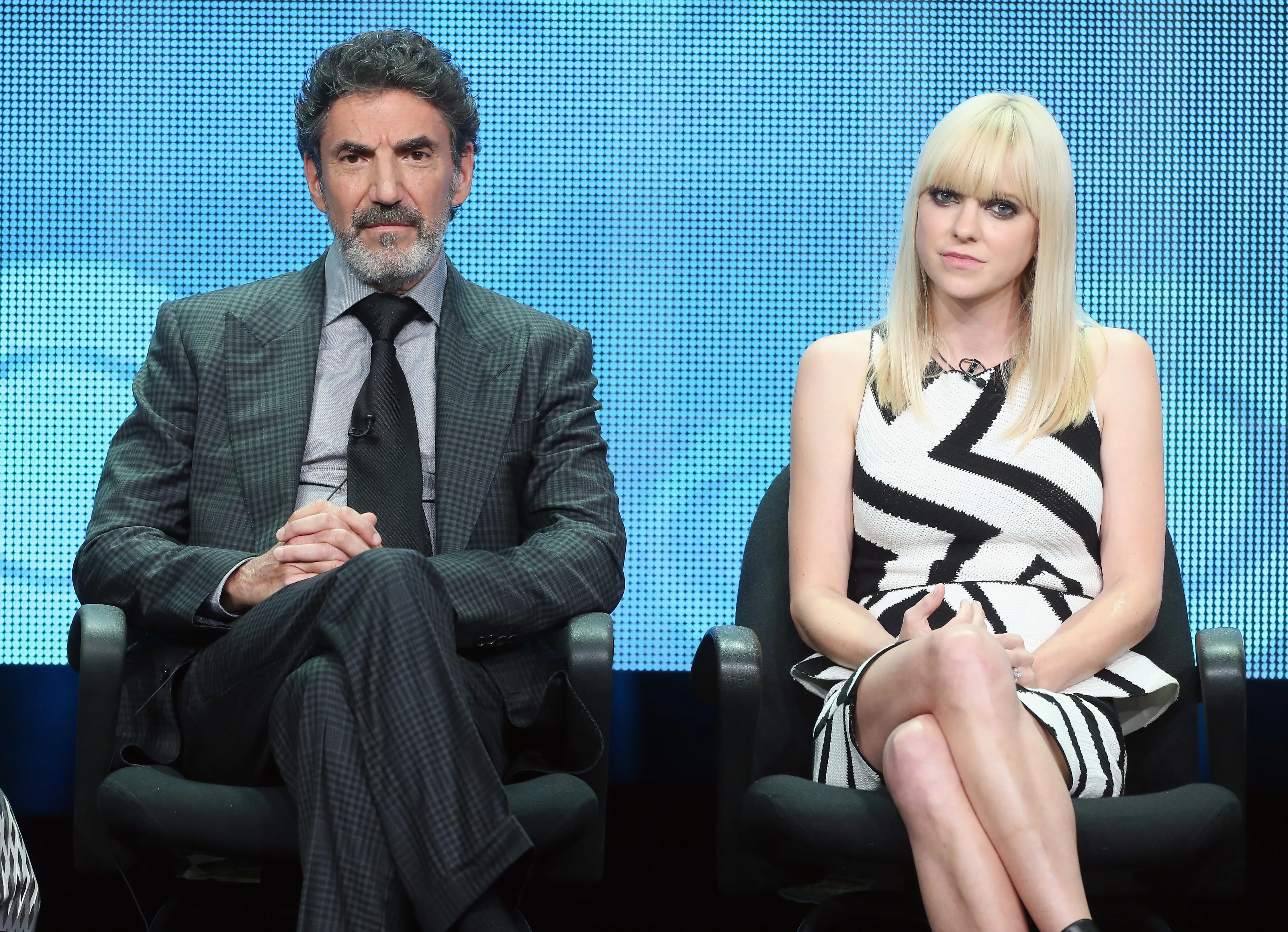 Chuck Lorre and Anna Faris seated on a panel.