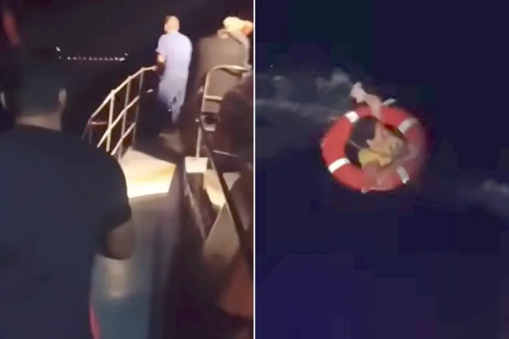 Collage of two images showing a cruise passenger being rescued from the sea at night.