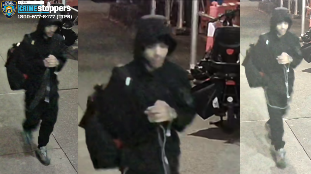 Collage of surveillance photos showing a man wanted by NYPD Crime Stoppers wearing a dark hooded jacket and carrying a backpack.