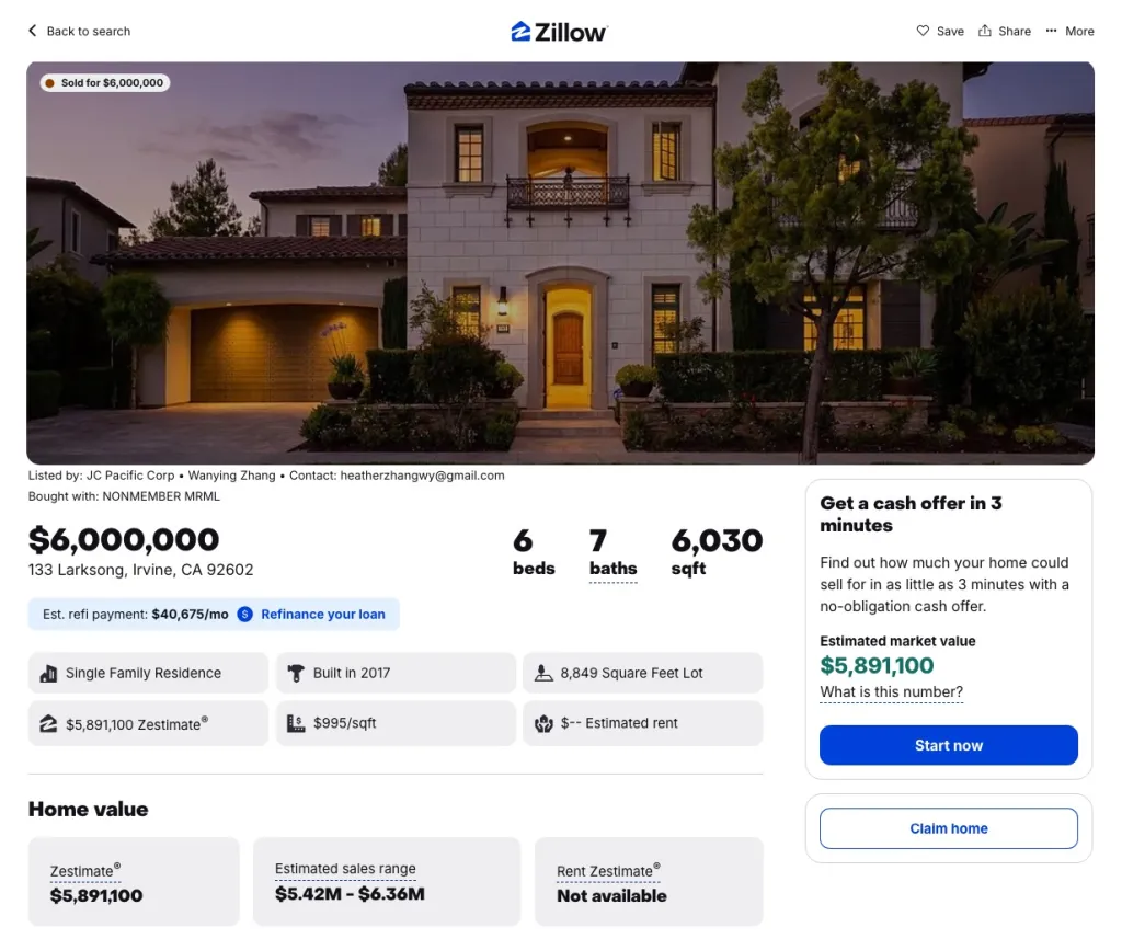 Zillow listing for a 6-bedroom, 7-bathroom single-family residence at 133 Larksong in Irvine, California, which sold for $6,000,000.