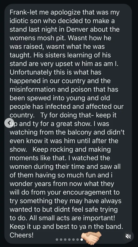 A screenshot of an apology message sent to Frank Carter from the parent of the concertgoer who entered the women-only mosh pit.