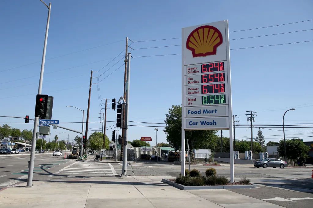 A Shell gas station sign in Los Angeles displays high fuel prices, with regular gasoline at $6.24, plus at $6.54, V-Power at $6.74, and diesel at $8.54.