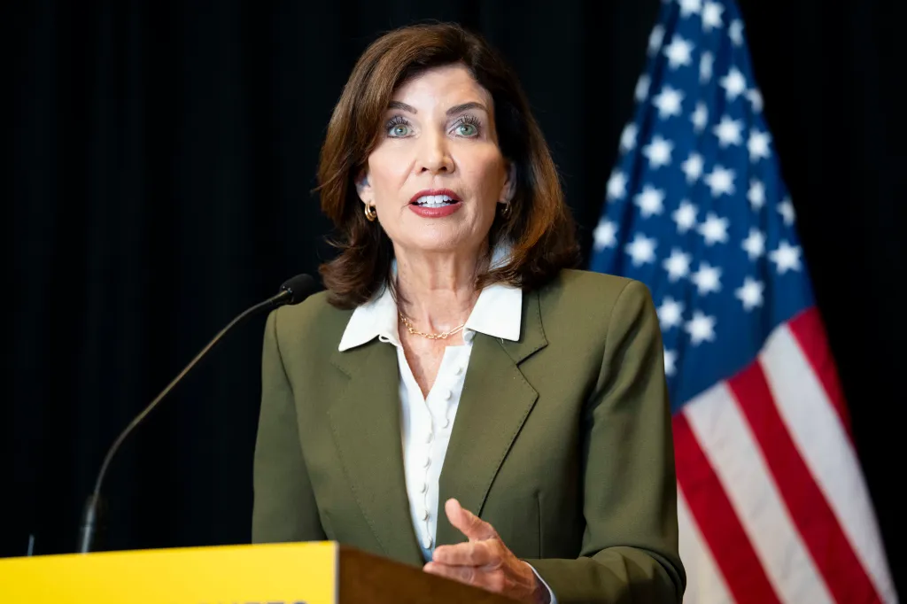 New York State Governor Kathy Hochul speaks at a press conference in New York City.