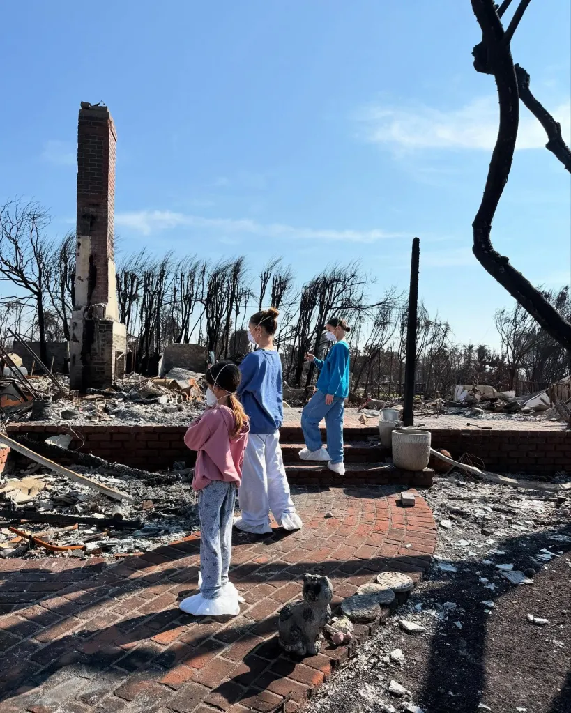 Chad Lowe's daughters, Mabel, Fiona, and Nixie, wearing protective masks, view the aftermath of the Palisades fire.